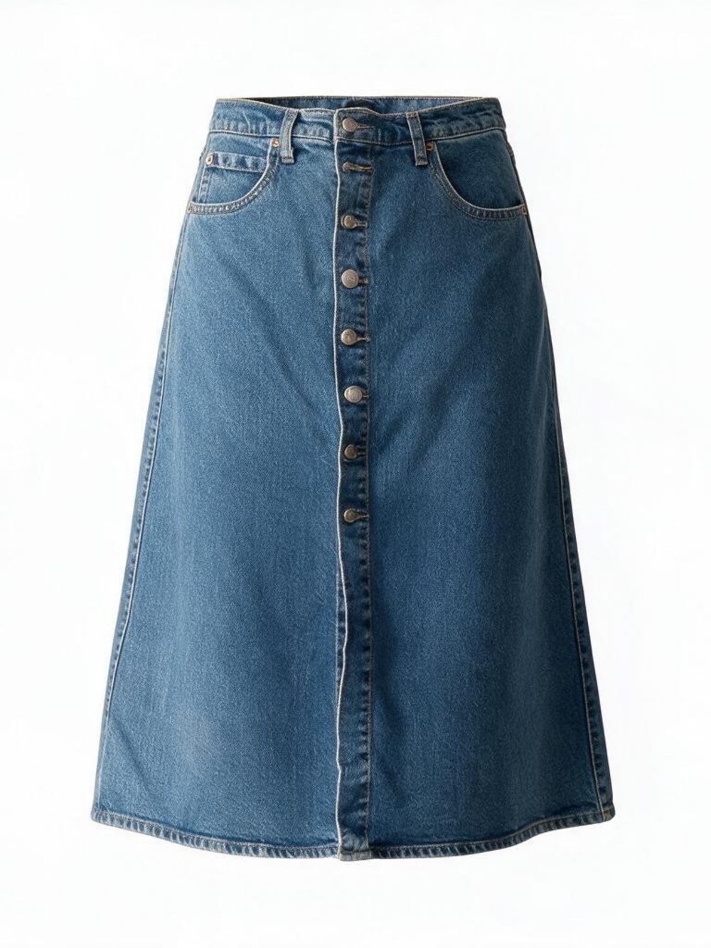 Classic Blue Denim Button-Front Skirt
